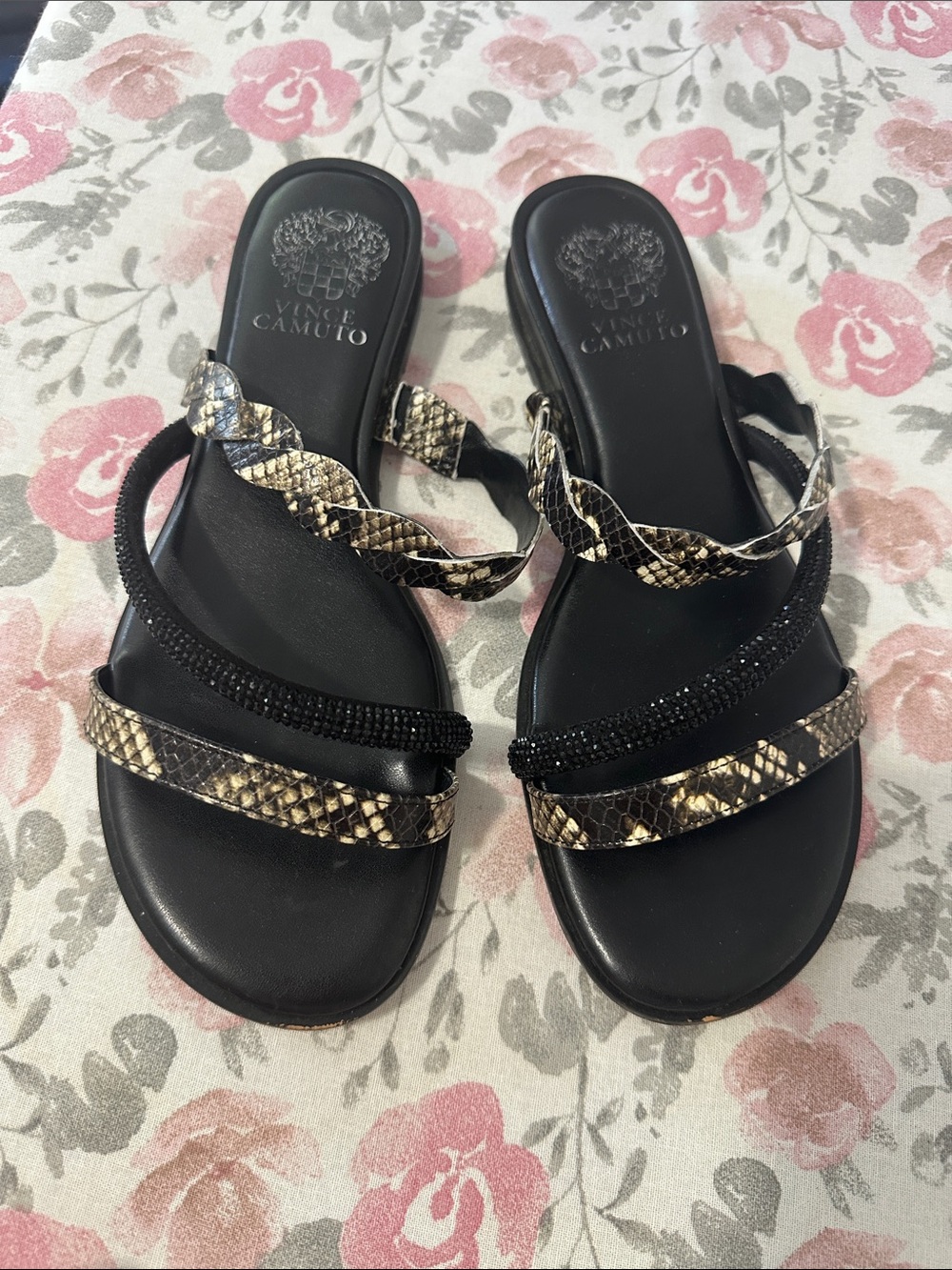 Vince Camuto Black and Brown Snake-Print Braided Slide Sandals